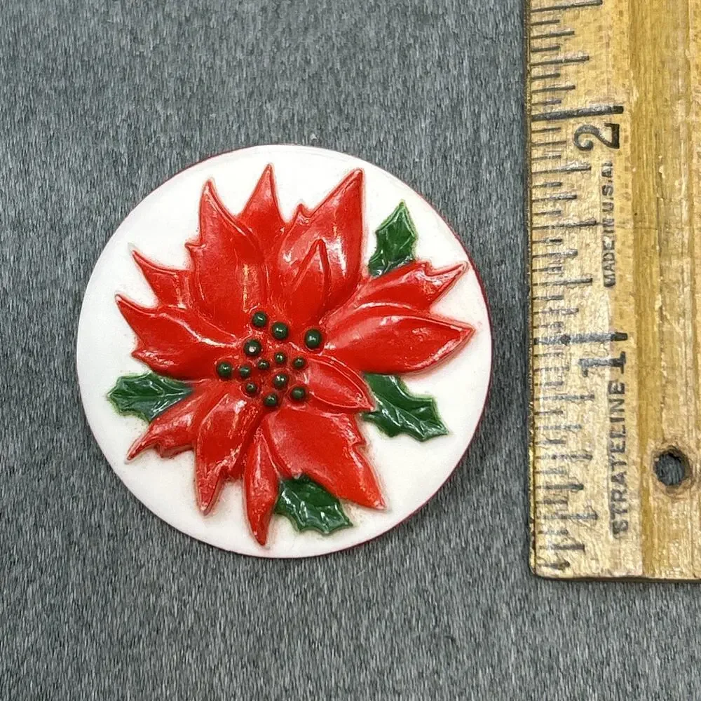 Vintage Christmas Poinsettia Pin Brooch Red Hard Plastic Hong Kong HTF